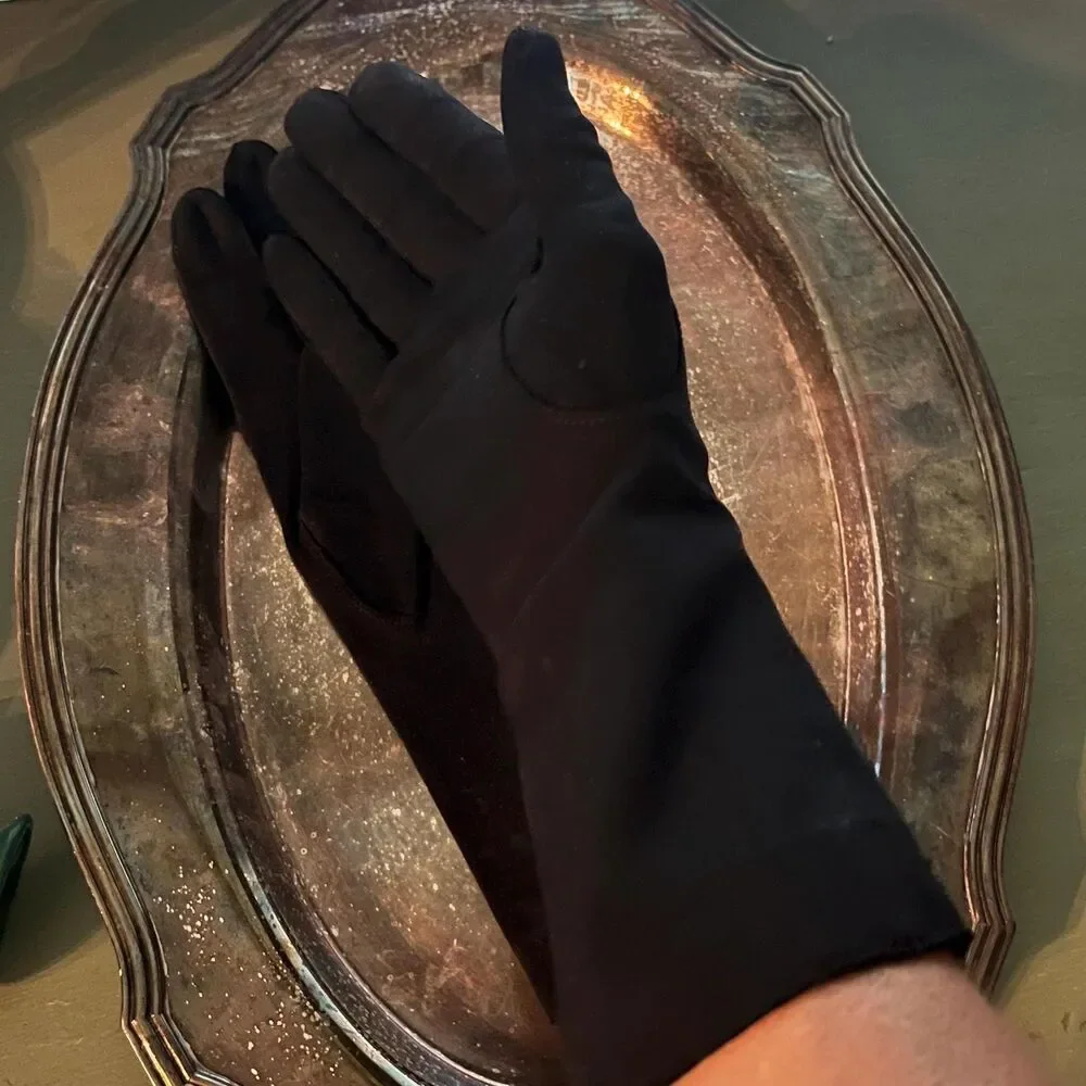 Title:Vintage 1950s Black Mid-Length Dress Gloves - French Knot Detail (12